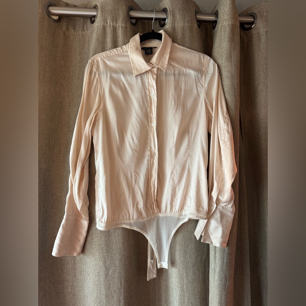 Moda International Silky Long Sleeve Button Up Cream Bodysuit